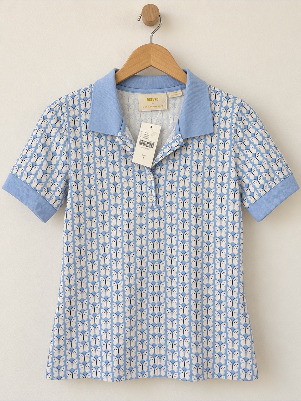 Anthropologie Maeve Butterfly Print Polo Shirt Womens Small Blue White NWT